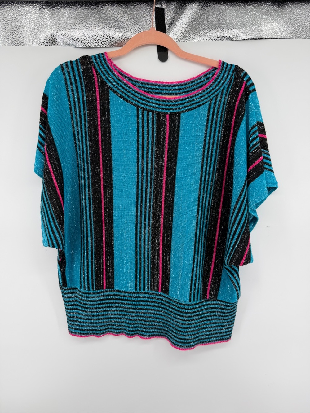 VTG 80s Disco Grandpa Blue Striped Knit Short Sleeve Crop Top Sweater Sz1X